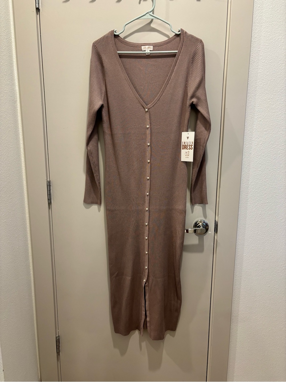 Taupe Pearl Button-Front Knit Dress